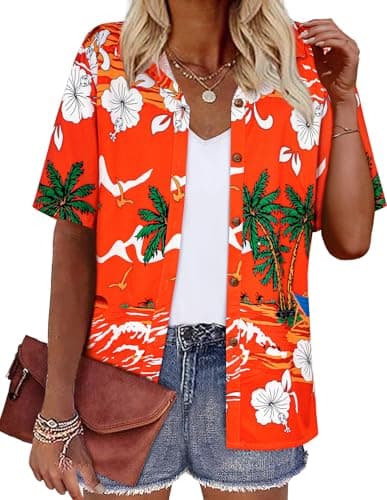 LILYCHIC Women's Hawaiian Shirts Tropical Tops Blouses Outfits Luau Party Floral Summer Beach Vacation Plus Size Button Down Up Short Sleeve Coconut Tree Shirt Orange 3XL - Image 1