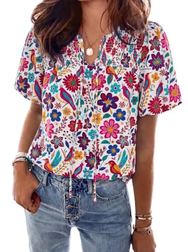 KIRUNDO Boho Tops for Women Summer 2026 Dressy Floral Blouse V Neck Drawstring Short Sleeve Shirts Beach Vacation Clothes(White Multicolored, X-Large) - Image 1