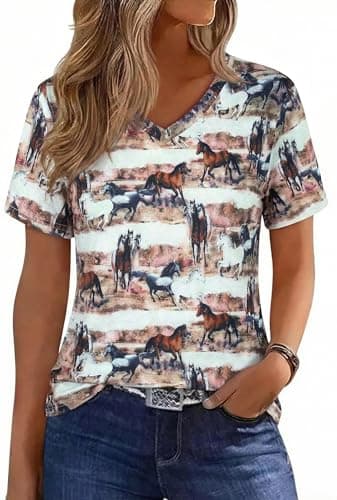 Western Shirts for Women Boho Cow Skull V Neck Tops Retro Cowgirl Rodeo Outfits Vintage Cowboy Graphic Tees - Image 1