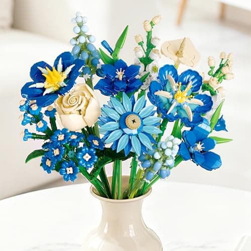 LYNGVA SAIRO Blue Flower Bouquet Building Set, Gift for Her/Mom/Girlfriend/Wife/Couple, Roses Tulips Daisies Gladiolus and More, Artificial Flower Arrangement, Home Room Office Table Decor - Image 1