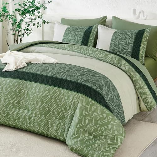 Dinjoy Green King Size Comforter Set,Striped Bed in a Bag King 7 Pieces Soft Microfiber Bedding Comforters Sets Boho Bed Complete Set for Summer All Season - Image 1