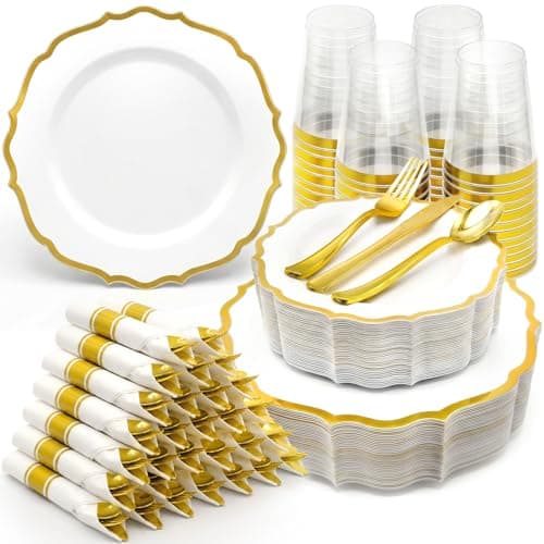 Glowserve 350 PCS Heavy Duty Disposable Plastic Dinnerware Set Gold - Image 1