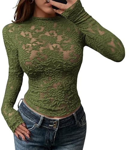 BTFBM Mesh Long Sleeve Tops for Women Lace Sexy Sheer Tight See Through Crew Neck Spring Fall 2026 Party Club Outfits(Army Green, X-Small) - Image 1