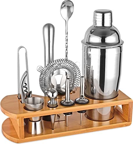 Cocktail Shaker Set Bartender Kit : 12-Piece Bar Tool Set with Bamboo Stand | Bar Set with All Practical Bar Accessories, for Drink Mixing, Bar, Home, Lounge & Party (Silver) - Image 1