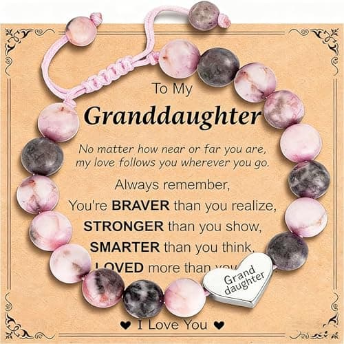 Dhdgzq Granddaughter Bracelet from Grandma, Heart Natural Stone Beaded Bracelet for Girls, Valentines Birthday Easter Gifts for Daughter Granddaughter, Adjustable Jewelry Gift for Girls - Image 1