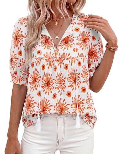 PRETTYGARDEN Womens Summer Boho Tops 2026 Vacation Outfits Casual Tie Front V Neck Peasant Blouses Puff Short Sleeve Shirts(Floral White Orange,XX-Large) - Image 1