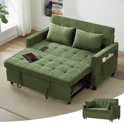 Tbfit 57" Loveseat Sleeper Convertible Sofa Bed, Futon Couch with Pullout Bed, USB & Adjustable Backrest, Chenille Full Size Pull Out Couches for Living Room, Apartment, Office, Dorm, RV, Green - Image 1