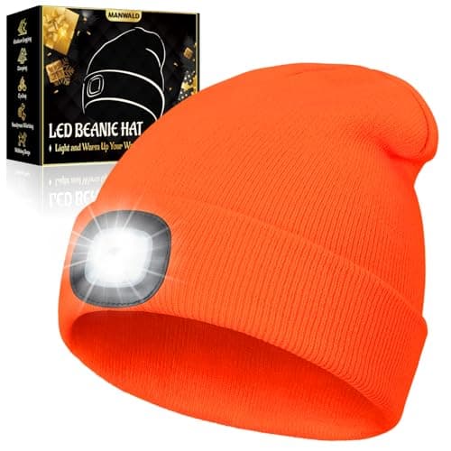 MANWALD LED Beanie Hat with Light, USB Rechargeable LED Headlamp, Fathers Day Dad Gifts for Men, Birthday Gifts for Women Adults, Gifts for Him Dad Husband, Boyfriend, Orange - Image 1
