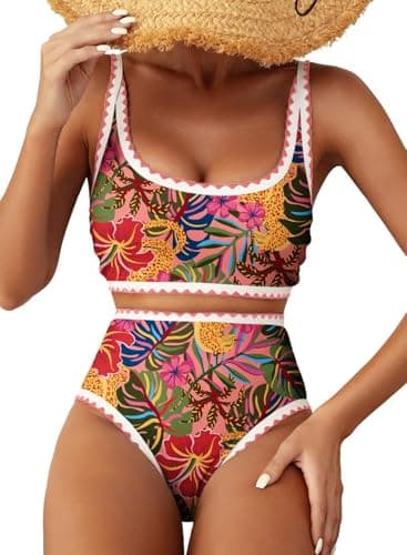 Herseas Women's Bikini Sets Cute Floral Sporty Swimsuits Ladies 2026 Tummy Control Scoop High Waisted Bathing Suits Vintage Contrast Binding Tropical Pink Outfits Beach Wear Large - Image 1