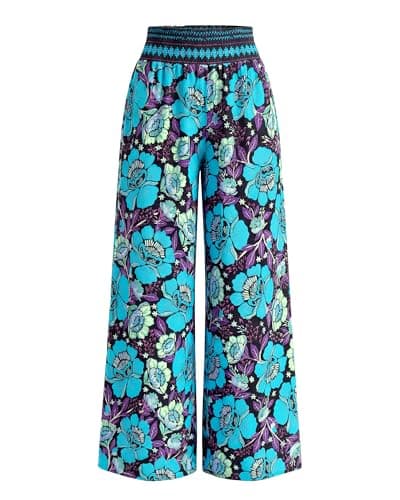 BTFBM Wide Leg Pants Woman 2026 Summer Smocked Waist Floral Pant Resort Wear Spring Beach Vacation Clothes for Women(Black, Small) - Image 1