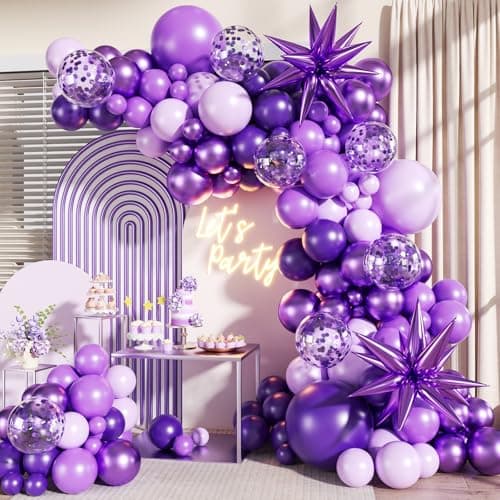 Purple Balloons Arch Kit, 140Pcs Metallic Dark Light Purple Confetti Balloons with Stars for Wedding Bridal Shower Butterfly Birthday Party Decorations