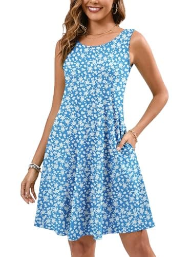 KORSIS Summer Dresses for Women Casual T Shirt Tank Floral Dresses Sleeveless Swing Flowy Ladies Beach Vacation Sundress with Pockets L - Image 1