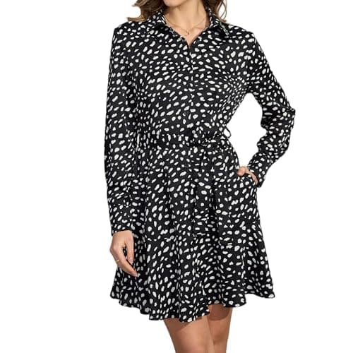 Ystguic Women Collar Business Button Up Shirt Dress with Tie Waist Belt for Ladies Casual Work Office Elegant Plain Dresses Large YG012 Black Leopard L - Image 1