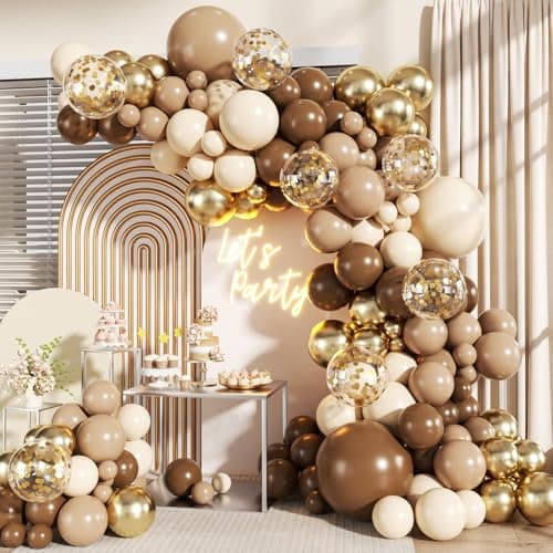 Brown Balloon Arch Kit, 140Pcs Neutral Nude Begie Gold Balloons Confetti Balloons for Birthday Wedding Birdal Shower Baby Shower Martini Cowboy Party Decorations - Image 1
