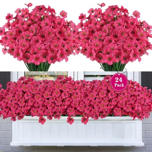 AmberFun 24 Bundles Artificial Flowers for Outdoors, Realistic Fake Silk Flowers for Outside Decoration, No Fade Faux Plants Outdoor Planter Window Box Porch Patio Decor(Rosy red)