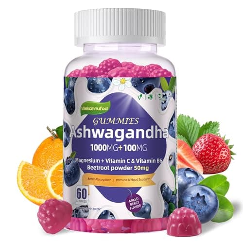 Wekannufod Ashwagandha Gummies 1000mg, 60 Count – Organic Root Extract, Daily Adaptogen Gummies, Non-GMO, Sugar Free & Gluten Free - Image 1