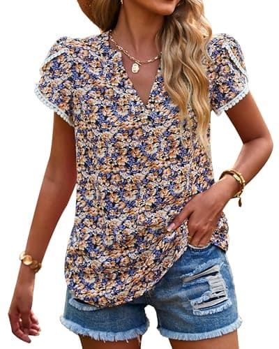 PRETTYGARDEN Womens Spring Tops 2026 Casual Crewneck Lace Crochet Short Sleeve Shirts Floral Boho Blouse Loose Tunic Top(Floral Black,X-Small) - Image 1