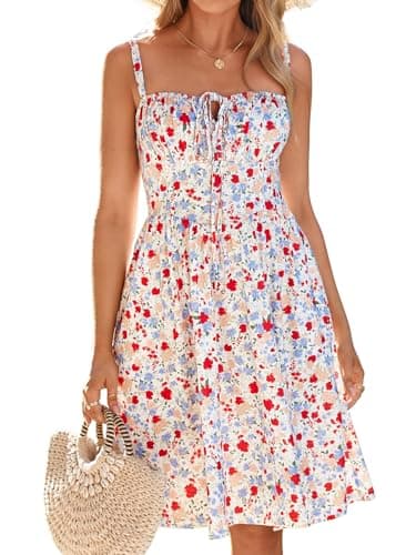 YIOYOLA A Line Dresses for Women 2026 Summer Party Fit and Flare Sundress Blue Floral Print Corset Flowy Casual Dress for Women Petite(YYL602-Blue Red F 01,L) - Image 1