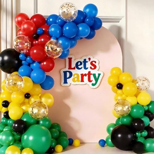 Red Blue Yellow Green Black Balloon Garland Arch Kit 160Pcs Red Blue Yellow Green Black Latex Balloons with Gold Confetti Balloons for Carnival Video Game Themed Birthday Party Decorations - Image 1