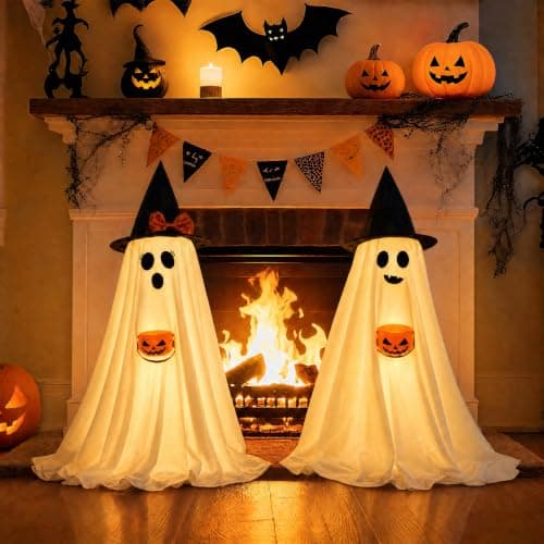 Halloween Decorations Indoor Lighted Ghost, 2 Pack Cute Light Up Ghosts Decoration with Witch Hats & Pumpkin Buckets,Indoor Ghost Decor for Entryway, Fireplace, Porch, Party, Home, Yard - Image 1