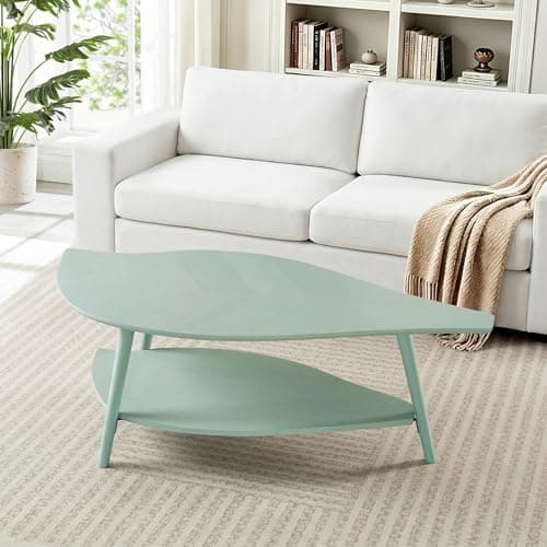 DURISEN Small Coffee Table with Storage,Unique Leaf Handcrafted Marquetry,Mid Century Modern Oval Wooden Coffee Table,Natural Oak Veneer,Solid Wood Legs,for Living Room,Apartment(Sage Green)