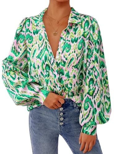 PRETTYGARDEN Women's Floral Blouses Dressy Casual V Neck Button Down Shirts Lantern Long Sleeve Boho Chiffon Fall Tops 2026(Green Floral,M) - Image 1