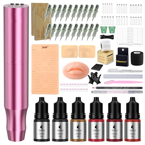 YBEAUTY Microblading Tattoo Gun Kit, 1400mAh Cordless Tattoo Pen & Eyebrow Pencil Set for Makeup Supplies, Semi-Permanent Eyebrow Tattoo Machine with 50Pcs Needles for Beginners Artists (Pink) - Image 1