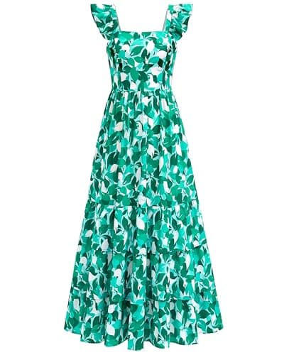 dowerme Summer Dresses for Women 2026 Casual Ruffle Smocked Tiered A-Line Boho Floral Maxi Beach Sun Dress with Pockets(Floral White Green,XX-Large) - Image 1
