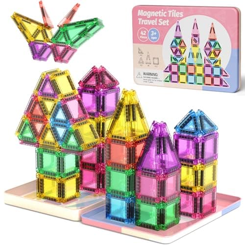 WMXDU Mini Magnetic Tiles with Iron Box, 42PCS Travel Size Magnet Building Blocks Toy Set, Protable Construction Block Toys Educational Learning Sensory Toys for 3+ Year Old Boys Girls Birthday Gift - Image 1