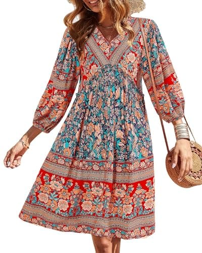 BTFBM Womens Summer Dresses 2026 Casual V Neck 3/4 Long Sleeve Ruffle Floral Flowy Boho Babydoll Mini Spring Beach Dress(Floral Blue, Large) - Image 1