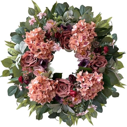 WANNA-CUL 24 Inch Spring Hydrangea Wreaths for Front Door,Pink Rose Peony Floral Door Wreath for Mother’s Day Valentine Wedding Year Round Indoor Outdoor Wall Decor - Image 1