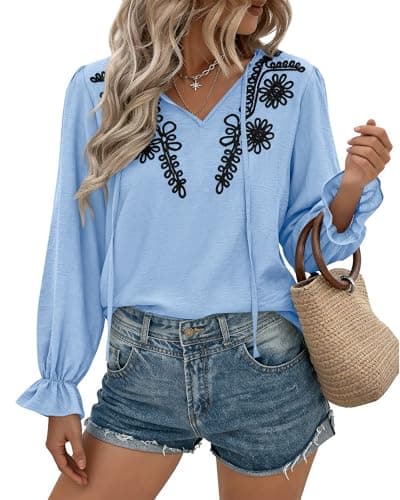 BTFBM Womens Tops Dressy Casual Fall 2025 Boho V Neck Ruffle Long Sleeve Shirts Floral Embroidered Work Business Blouses(Blue, Medium) - Image 1