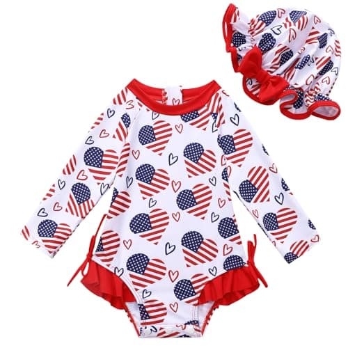 AMAWMW Infant Baby Girl Swimsuit Long Sleeve One-Piece Swimwear with Hat Rash Guard Floral Zipper Bathing Suit Beach Wear - Image 1