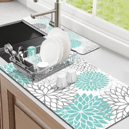 Findosom 2PCS 17" x 32" Dish Drying Mat & 24" x 5.5" Sink Splash Guard, Super Absorbent & Cuttable Dish Mat Drying Kitchen Mat with Teal Floral, Hide Stain Drying Mat for Kitchen Counter - Image 1