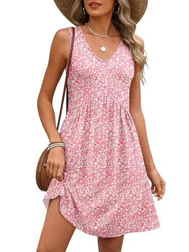 ANRABESS Dresses for Women Beach Vacation Clothes V Neck Sleeveless Loose Flowy A-Line Dress Summer Casual Short Sundress Pink Floral XXL - Image 1