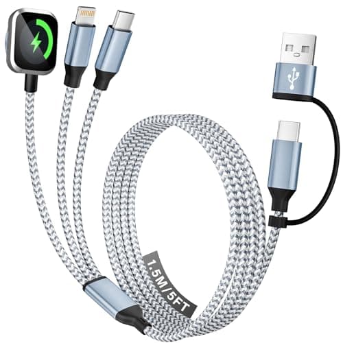 Travel Essentials 3 in 2 Charging Cable for Phone Watch Charger, USB A/USB C Multi Charging Cable/Cord for All Devices Compatible for iWatch Ultra/SE/11-2, iPhone17 15 14, Android, More - 5FT - Image 1