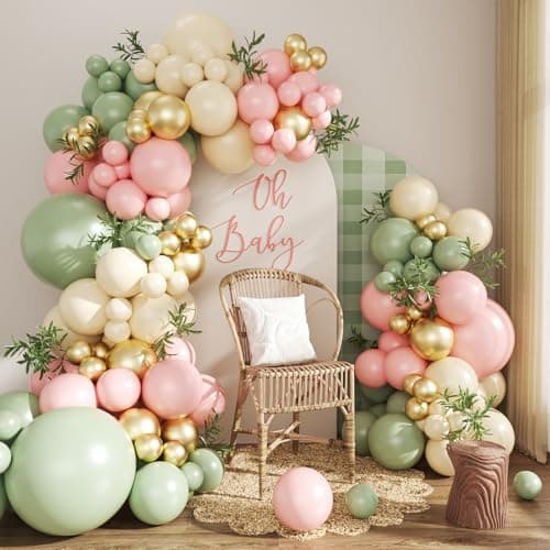 Pink and Green Gold Balloon Arch Kit, 124Pcs Pink and Sage Green Balloon Arch Garland Kit with Gold Sand White Balloons for Baby Shower Bridal Shower Wedding Gender Reveal Birthday Party Decorations - Image 1