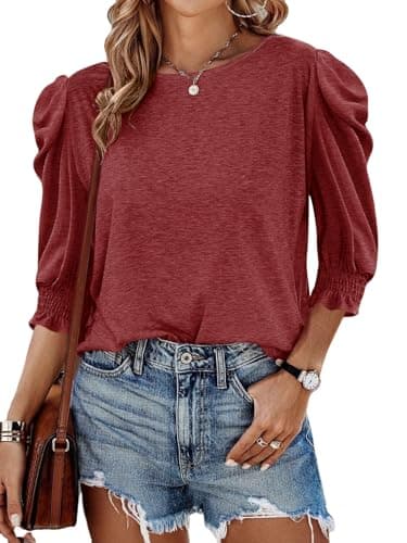 Tankaneo Womens 3/4 Length Sleeve Tops Dressy Casual Blouse Puff Sleeve Cute Trendy T Shirts with Smocked Cuffs Red - Image 1