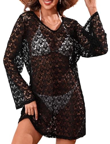Totatuit Swimsuit Coverup for Women Crochet Bikini Bathing Suits Swimwear 2026 Summer Vacation V Neck Beach Cover Up Dress Black L - Image 1