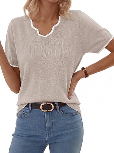 GKBK Women Short Sleeve V Neck Sweater Lightweight Pullover Top Fashion Clothing for Business Casual Work Outfits Spring Summer 2026 White-Gray X-Small - Image 1