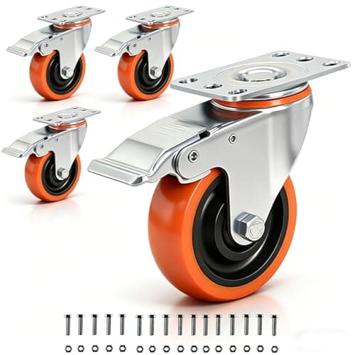 TESUMI Caster Wheels 4" Inch Heavy Duty Casters Set of 4 with Brake 2200lbs Capacity Swivel Plate Industrial PU Wheel Locking Casters Quiet No Scratch for Cart, Furniture, Cabinet, Workbench - Image 1