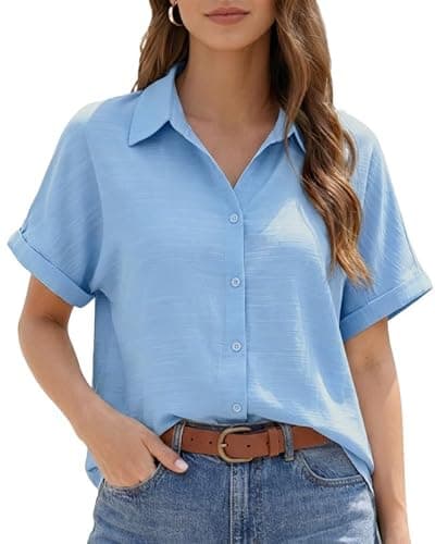 JEKAOYI Womens Button Down Shirts Cotton Casual Summer Short Sleeve Blouses V Neck Tops for Beach Travel Blue - Image 1