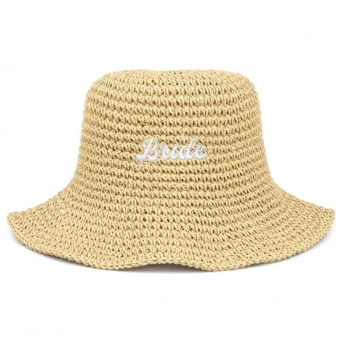 Bride Straw Bucket Hat Bridal Hat Beach Bachelorette Accessory Party Headwear Decorations Wedding Beige Honeymoon Gifts (Beige) - Image 1