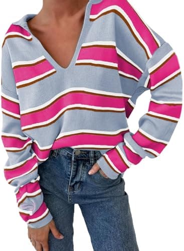 EVALESS Long Sleeve Trendy Polo Neck Striped Casual Contrast Sweater Cozy Loose Fit Lightweight Chunky Plus Size Cardigan Pullover Fall Fashion 2XL Rose - Image 1
