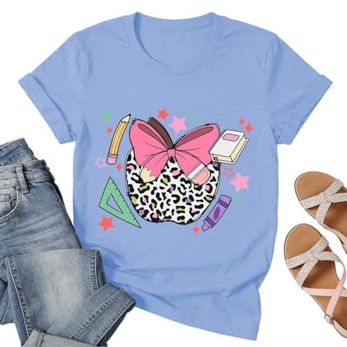 Math Teacher Bow Shirts for Women-Cute Kindergarten Teacher Shirt Teach Appreciation Gift Shirt A-Blue - Image 1