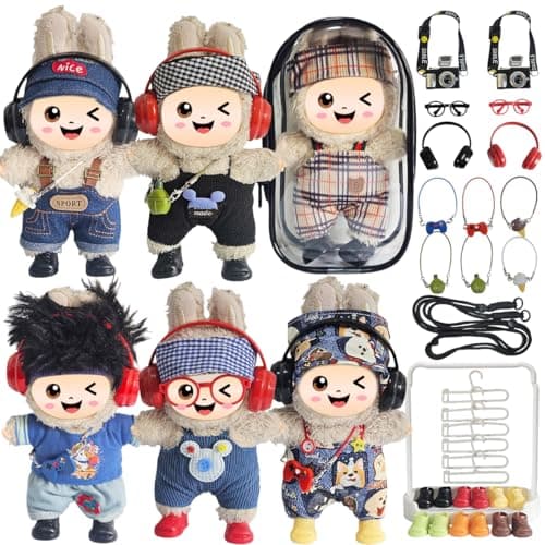 33 Pack Compatible for Labubu Clothes Outfits,Premium Labubu Accessories Case Shoes for 17cm Dolls,Labubu Birthday Party Decoration- Includes 6-Pack Doll Clothes Sets,Camera,Sunglasses (Cool, 17cm) - Image 1
