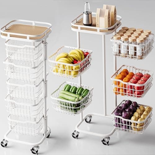 Ocyfym 5 Tier Kitchen Fruit Vegetable Storage Cart with Rotating Basket, Rolling Rack Shelf Organizer Floor Stand on Wheel for Snack Spice Produce Veggie Onion Potato Bin, Vianderos Para Cocina, White - Image 1