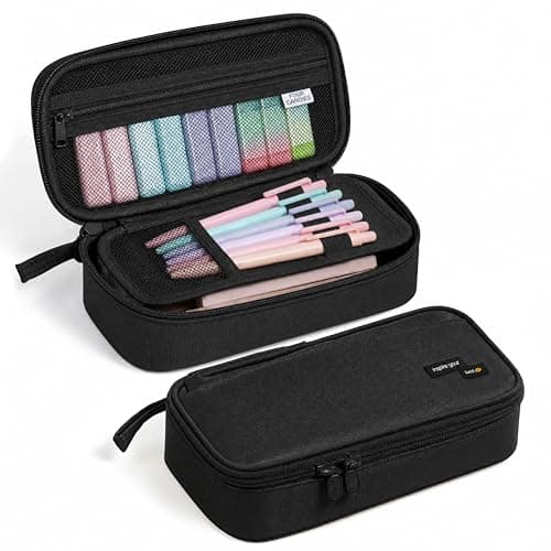 Four Candies Large Pencil Case, 5 Compartments Pen Organizer, Big Capacity Canvas Pencil Pouch Bag for School Supplies, Portable Stationery Holder for Teen Girls, Women (Black)