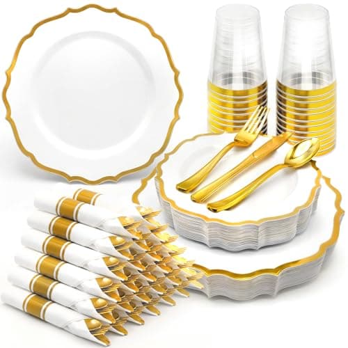 Glowserve 25 Guests 175 PCS Disposable Plastic Plates Gold Dinnerware Sets