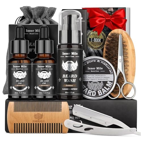 Isner Mile Beard Grooming Kit for Men Care: with Beard Oil Balm Wash Brush Comb & Straight Razor, Birthday Valentines Fathers Gifts for Men Him Boyfriend Husband Coworker, Christmas Stocking Stuffers - Image 1
